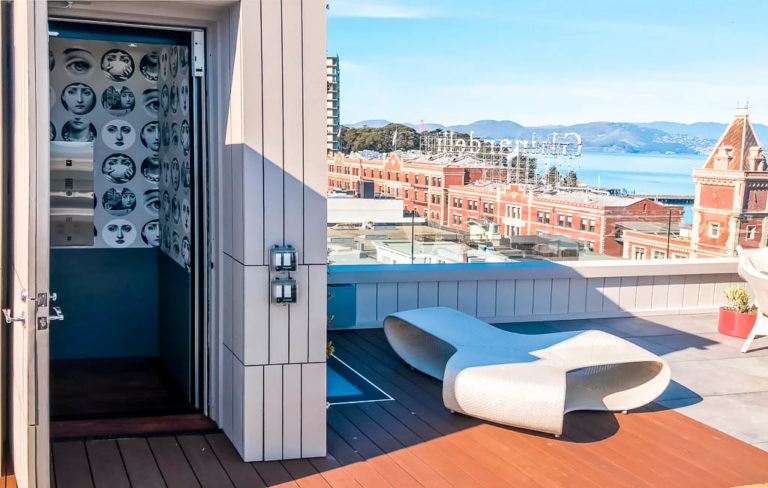 Elvoron Home Elevator on rooftop deck with view over San Francisco